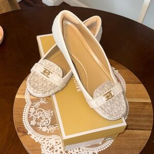 MICHAEL Michael Kors Cream Logo Loafer Flats with Gold Accent